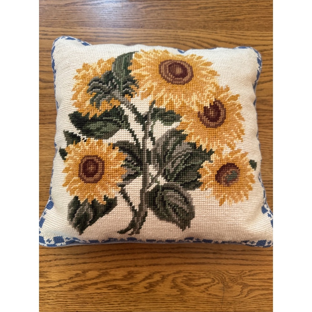 Sunflower Needlepoint Pillow 13x13 Blue Velvet Blue Trim Cheerful Art EUC